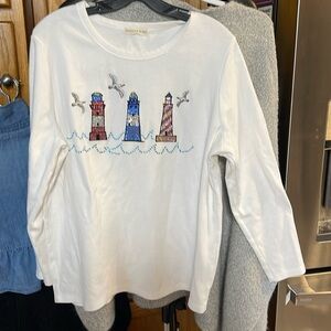 Margaux & Lexi Women’s Sequin Lighthouse White Long Sleeve Shirt 2XL